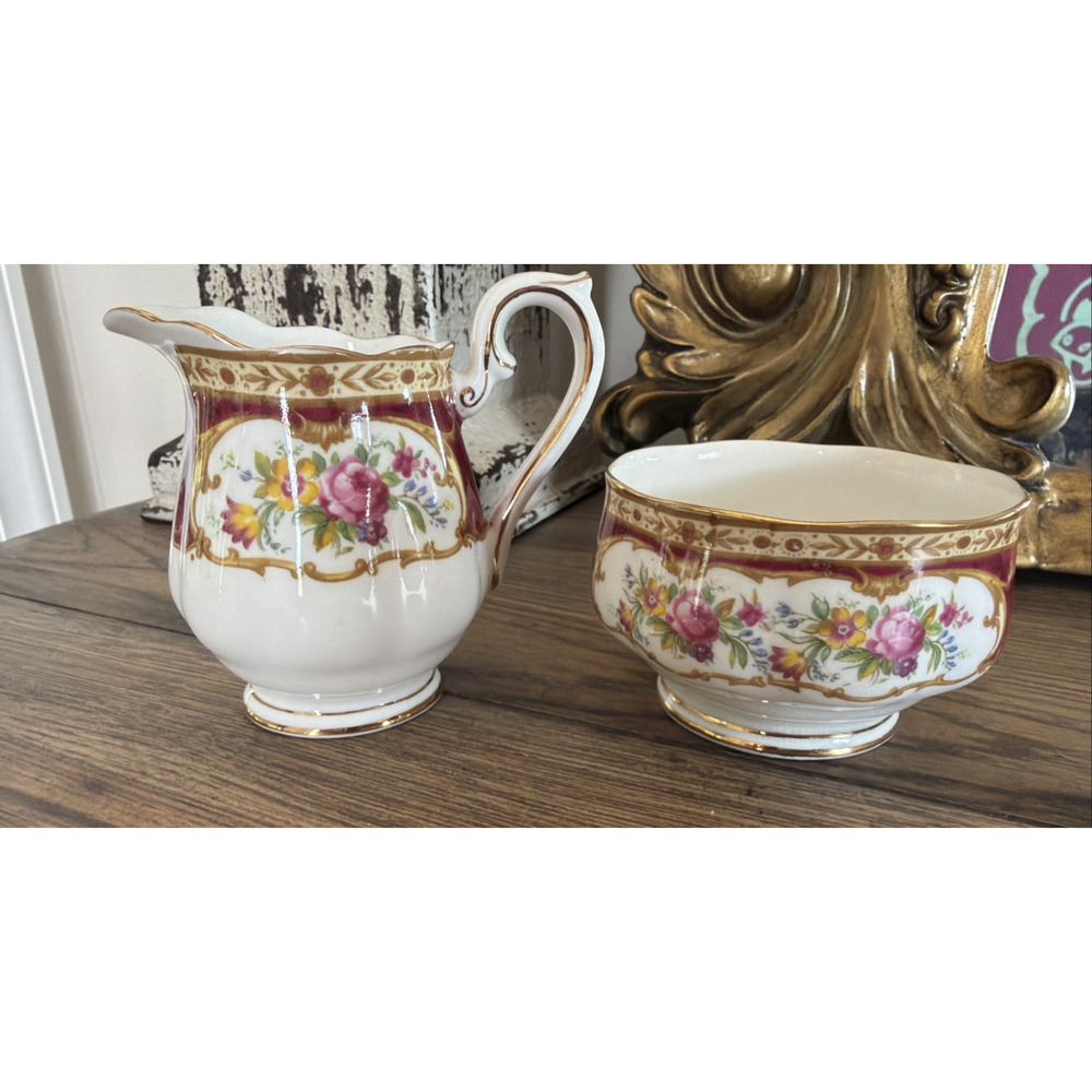 Royal Albert Lady Hamilton Sugar Bowl & Creamer Red Gold Vintage